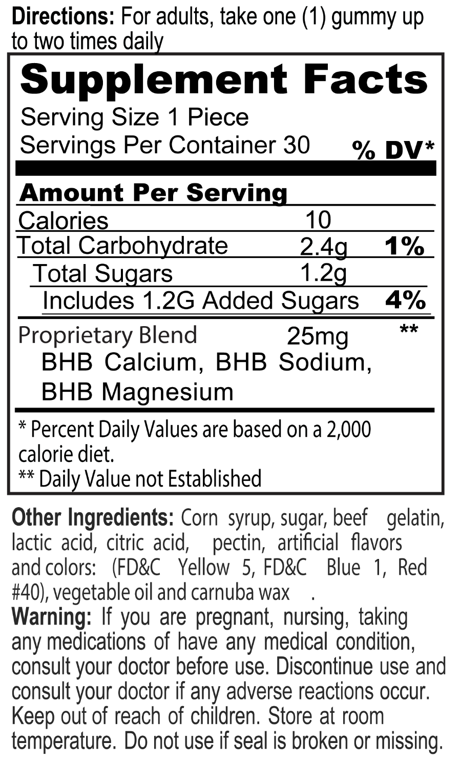 Keto support supplement facts panel